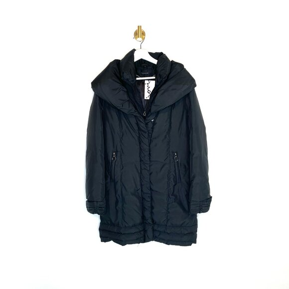 Minimalist | Tahari Down Mid-Length Black Puffer | Dramatic Collar Layering Sz M - Picture 3 of 12